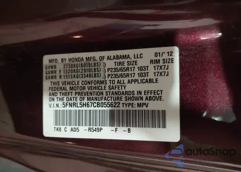2012 Honda Odyssey Ex-L z USA, uszkodzony, nr VIN 5FNRL5H67CB055622